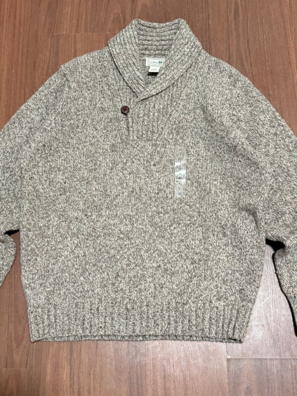 L.L.Bean Mens L Shawl Collar Cardigan Sweater Gray Chunky Knit Lambswool